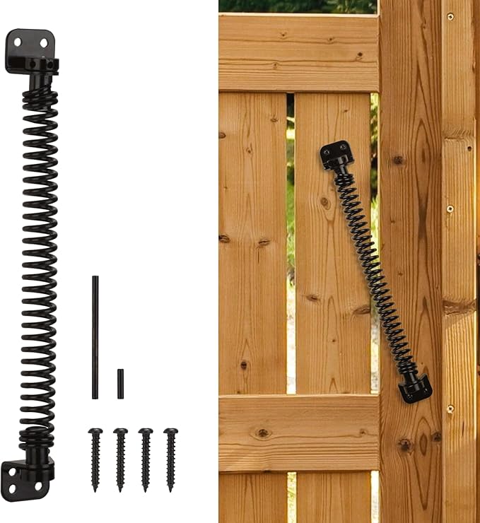 11-1/2" Gate Spring Self Closing Heavy Duty Outdoor Door Spring Automatic Fence Gate Closure Hardware Spring Loaded Gate Latch with Adjustable Tool for Wooden and Vinyl Fence, Black (1 Pack)