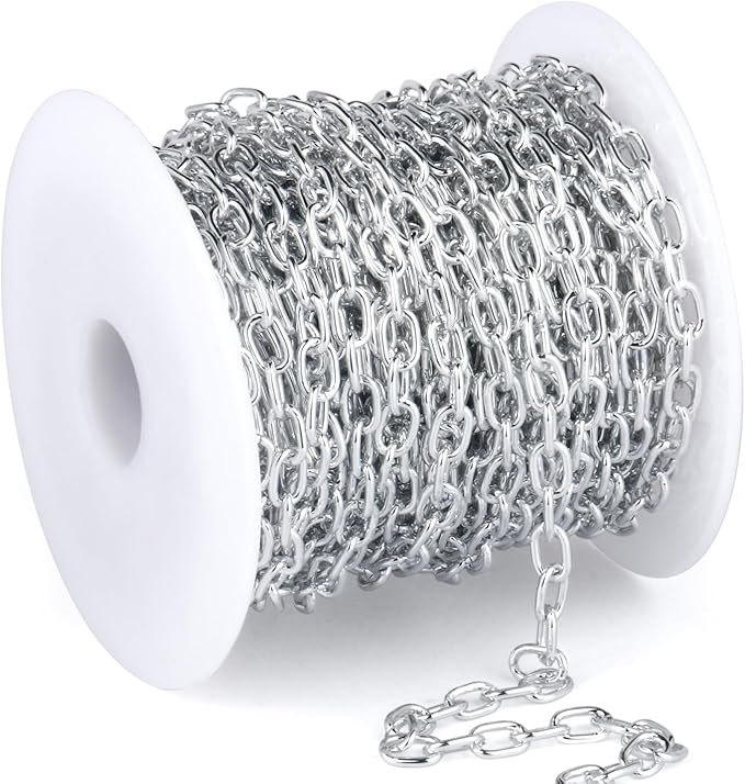 33 Feet Silver Rolo Cable Chains Roll, 4 MM Silver Plated Aluminium Oval Cable O Links Chain Bulk Spool for Jewelry Making DIY Craft