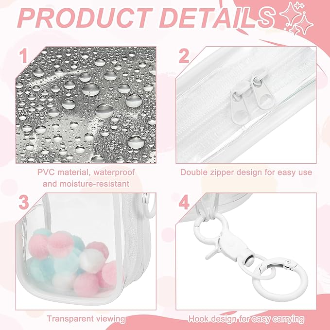 uxcell 4 Inch Clear Figure Display Bag, Mini Clear Pouch Waterproof Coin Pouch with Keychain and Pom Poms for Blind Box Doll Display (Oval, White)