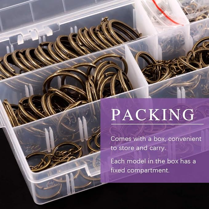 Swpeet 300Pcs Bronze Flat Key Chain Rings Kit, 100Pcs Keychain Rings with Chain and 100Pcs Jump Ring with 100Pcs Screw Eye Pins Bulk for Jewelry Findings Making - 4/5 Inch, 1 Inch, 6/5 Inch, 7/5 Inch