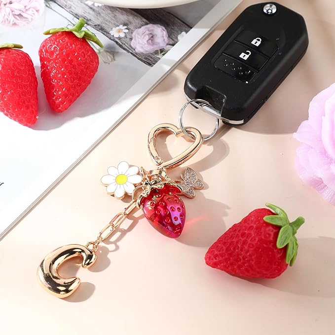 Strawberry Initial Keychain for Women-Cute Kawaii Gold Alphabet Bag Charms, Key chain Gift for Purse Handbag