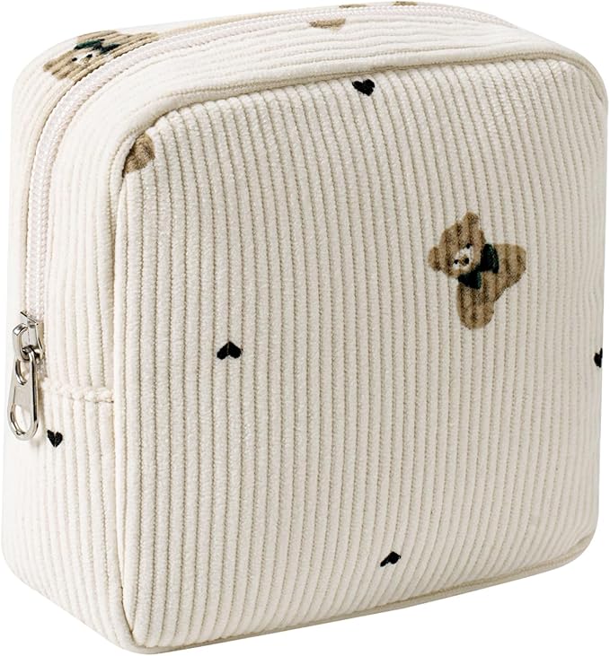 Cute Small Corduroy Zipper Makeup Bag, Mini Coquette Aesthetic Pouch with Bear Pattern for for Purse,Key Pocket Lipstick Bag Card Holder Data Cable Organizer for Women Girls (02Biege Bear)