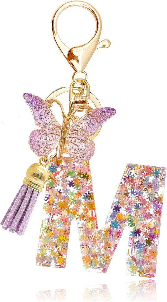 Fashion Alphabet Initial Letter Keychain Tassel Butterfly Pendant Key Ring for Purse Handbags Women Girl