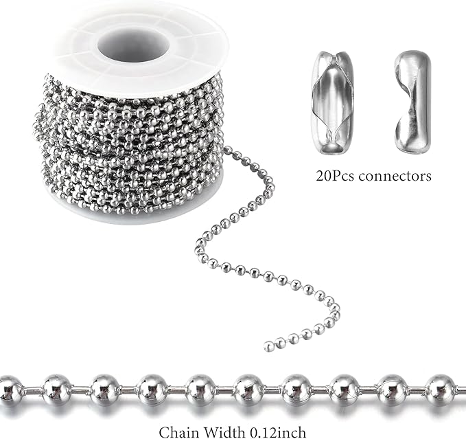 Topacket 33Feet Ball Bead Chain Stainless Steel Dog Tag Chain with Matching Connectors for Jewelry Making Necklace Hanging Bracelets Keychain(3.0mm)