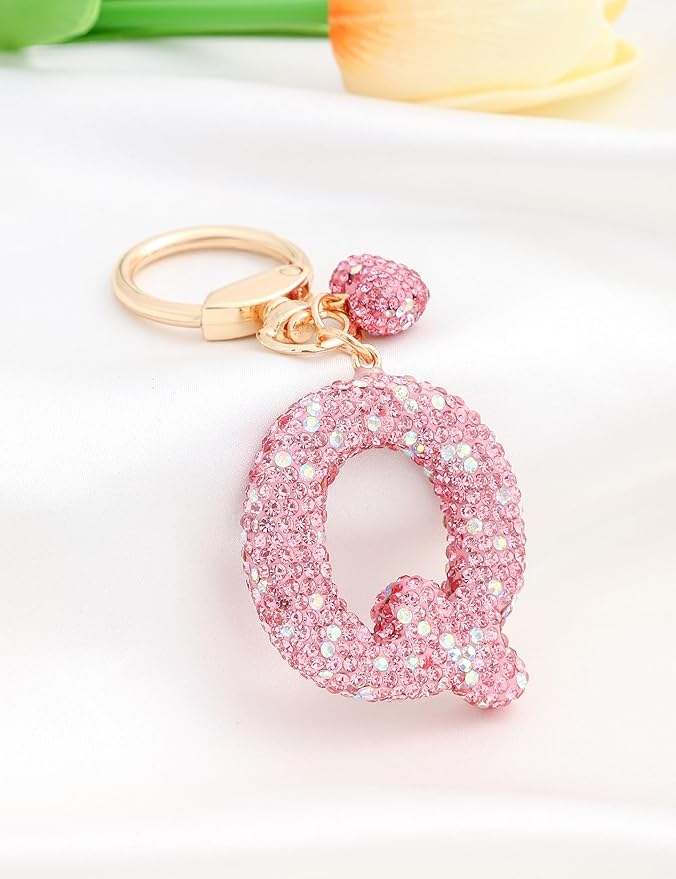 Initial Keychain for Women Girls,Bling Letter Key chain Initial with Heart,Pink Keychain Charms for Backpack Handbag