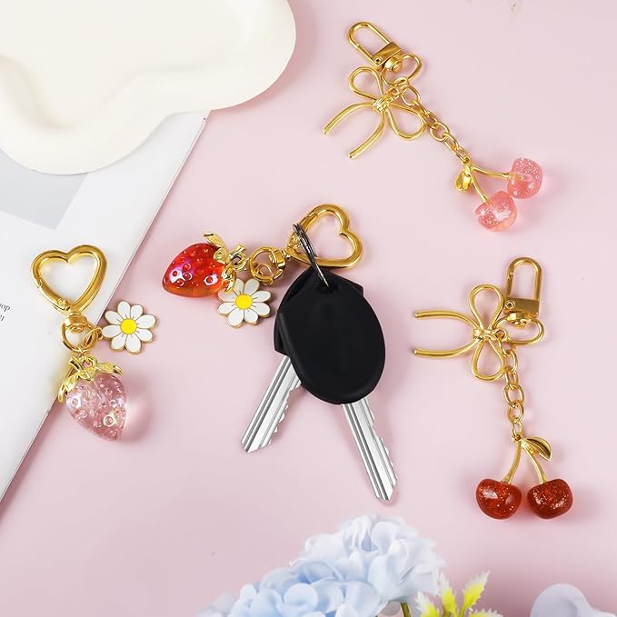 Bag Charms for Handbag Cherry Strawberry Bow Keychain Cute Purse Charms Accessories for Women Tote Bag Fruit Charm