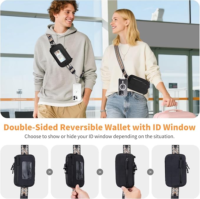 Clip and Go Strap for Phone with Wallet Crossbody Phone Lanyard with Anti-Theft Zipper Pouch Detachable Quilted Wrist Wallet with RFID and ID Window for Daily Travel. Black Large