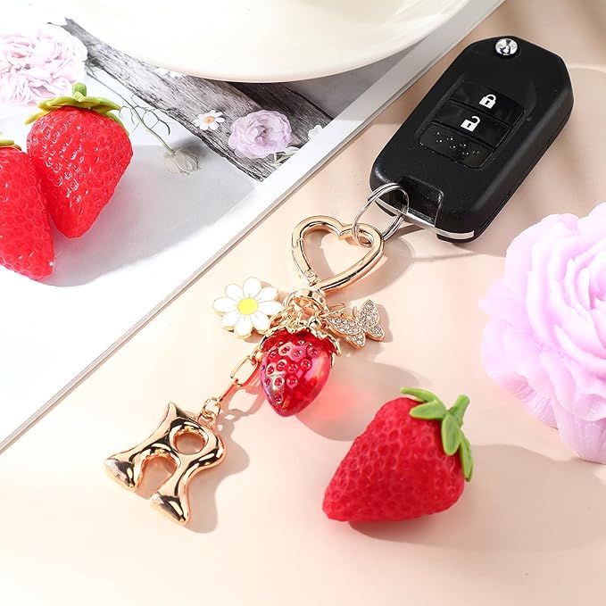 Strawberry Initial Keychain for Women-Cute Kawaii Gold Alphabet Bag Charms, Key chain Gift for Purse Handbag