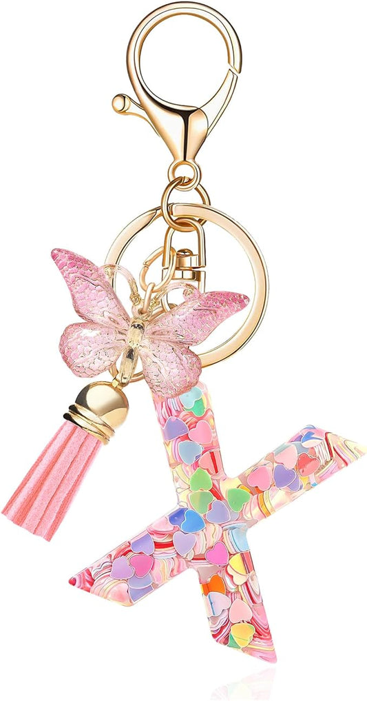 Fashion Alphabet Initial Letter Keychain Tassel Butterfly Pendant Key Ring for Purse Handbags Women Girl