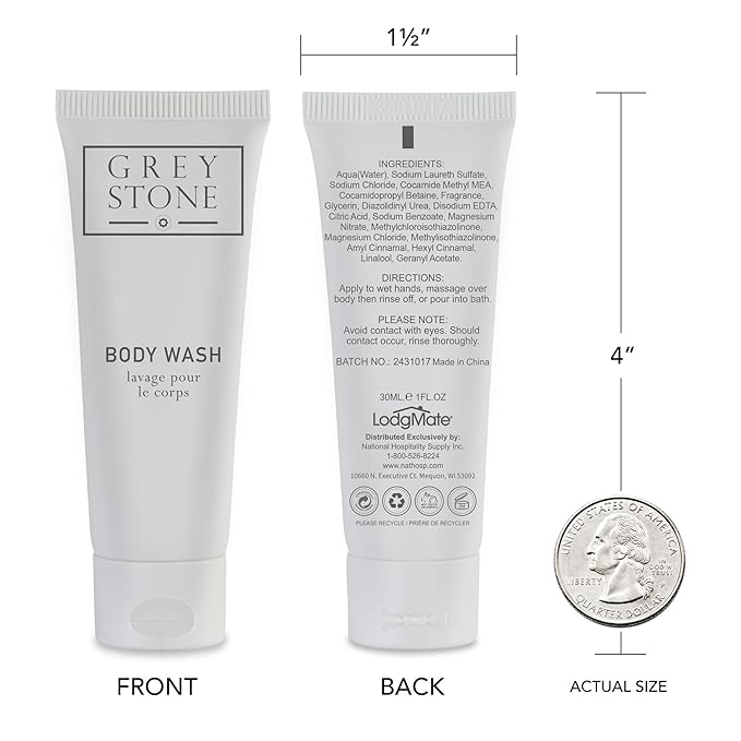 LodgMate Greystone Hotel Body Wash Tubes, Travel Size Bulk Amenities, 1 oz, Case of 150