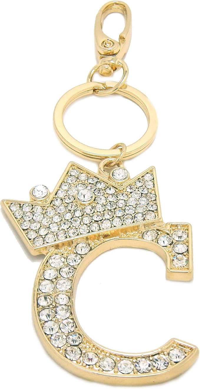 CBC Crown Crystal Rhinestone Letter Initial Keychain, Gold Metal, Bag Charm with Key Ring Approx. 2.17" x 2.56"