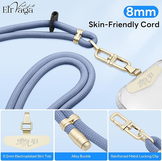 Adjustable Anti-Theft Phone Lanyard Neck & Crossbody Strap with 0.2mm Metal Tab & Comfort-Fit 8mm Rope (Fog Blue)
