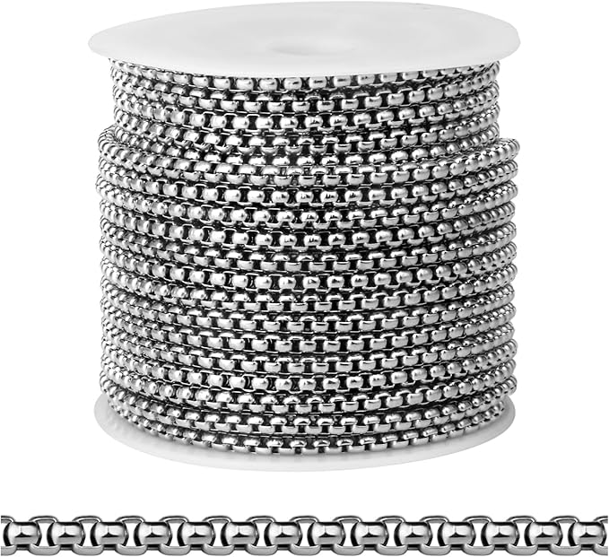 [33FT] Stainless Steel Rolo Box Chains for Jewelry Making, 2.5mm Wide 304 Stainless Steel Rolo Link Chain Roll Bulk for DIY Jewelry Making Craft