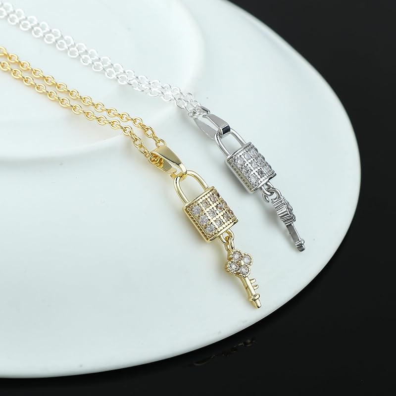 JOR Lock & Key Charm Pendant Necklace, CZ, Men & Women Unisex Jewelry, Dainty Gold & Silver Plated Combo Chain 18 inch (Pack of 2)