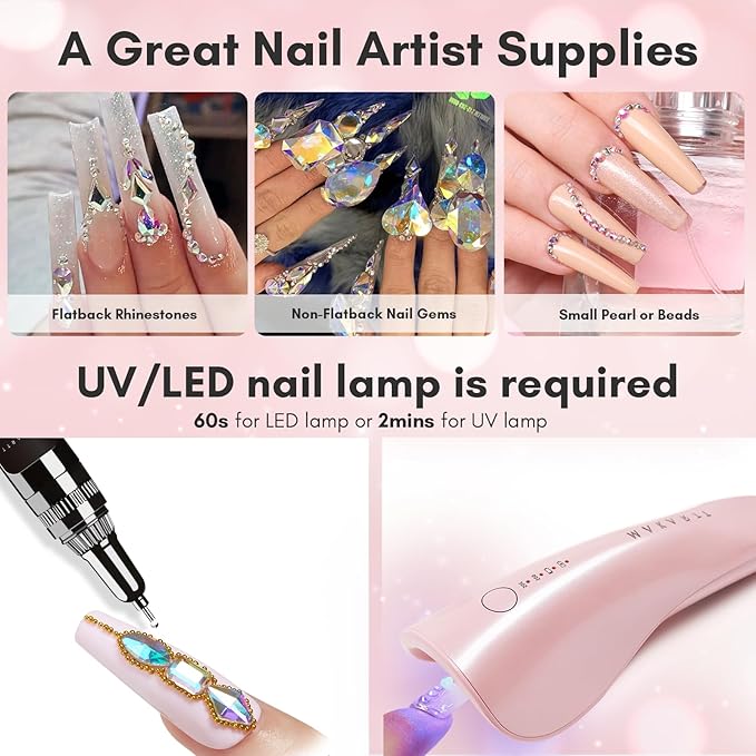 Makartt AB Rhinestones Gel Nail Glue for Gems, 8ML with Half-Round Pearl & Rhinestone Picker Tweezers, Strong Adhesive for Nail Gems, Diamond Art & Nail Charms Decoration