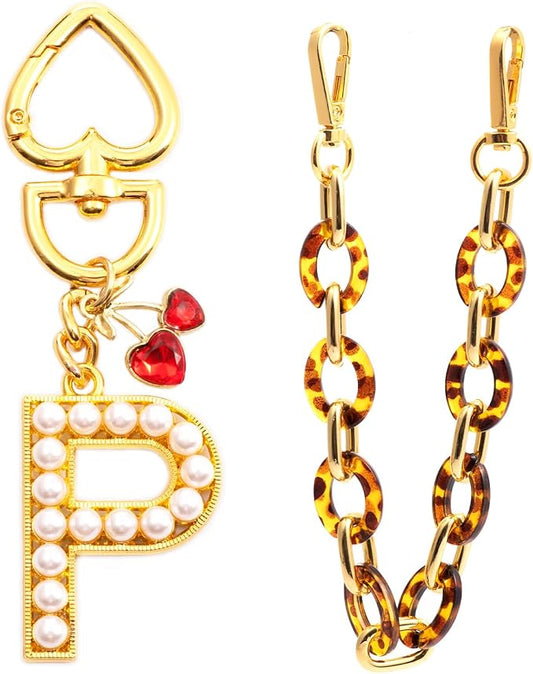 Pearl Initial Keychain with Leopard Bag Charms Wallet Chain Women Cute Alphabet Keychains Charm for Purse Handbag