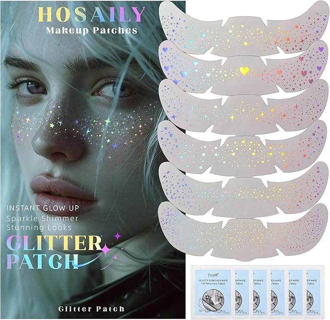 HOSAILY 6 pcs Holographic Glitter Freckles Face Tattoo, Waterproof Sparkle Body Glitter Speckles Patches for Women, Cute Star Glitter Stickers Temporary Tattoo Makeup Accessories for Festival Rave