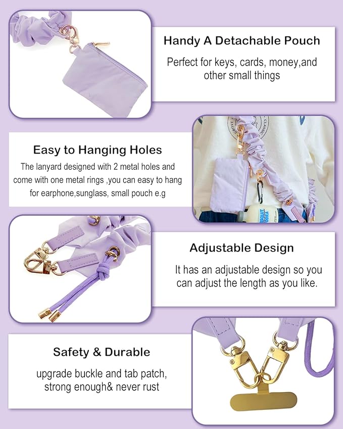 Phone Lanyard Crossbody with Hanging Loops, Clip and Go Strap for Phone with Zipper Wallet, Adjustable Elastic Phone Strap