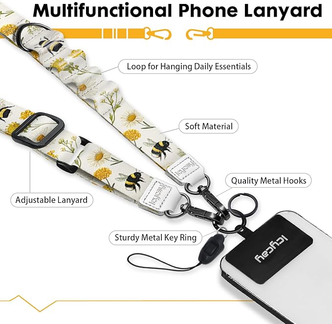 Phone Lanyard Crossbody, Floral Bee Cell Phone Strap for Around The Neck Adjustable, Flower Teacher Anti Theft Cute Lanyard for iPhone Case ID Holder Keys Accessories Travel Essential