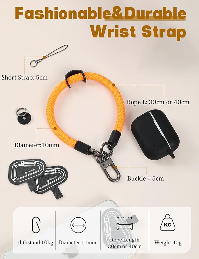 project-cb Hand Wrist Phone Strap,Phone Lanyard Patch ×2,Cell Phone Case Holder,Wristlet Strap for Key,AirPods,Camera (Orange, 12inch)