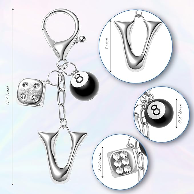 8 Ball Dice Keychain with Silver Bubble Initial - Y2K Aesthetic Cute Bag Purse Charms for Women