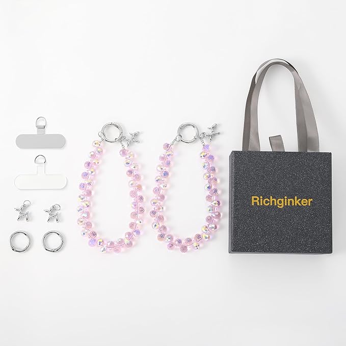 2pcs Crystal Phone Wrist Strap Phone Charm Chain Keychain Beaded Cellphone Lanyard with Tether Tab Hands-Free Wristlet Bracelet Wrist Grip Strap for Women, D-Pink AB