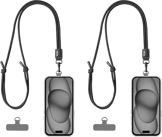 2 Pack Crossbody & Neck Phone Strap, Customizable Neck Strap with 0.5mm Removable Phone Tab, Hands-Free Holder for Phones, Earphones, Badges & Keys (Black+Black)