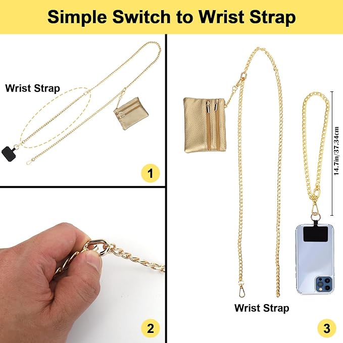 XANGNIER Clip and Go Strap for Phone with Wallet Crossbody, Phone Strap with Zippered Wallet, Adjustable Anti Theft Cellphone Lanyard for Women, Cellphone Chain Accessories,Chain Gold