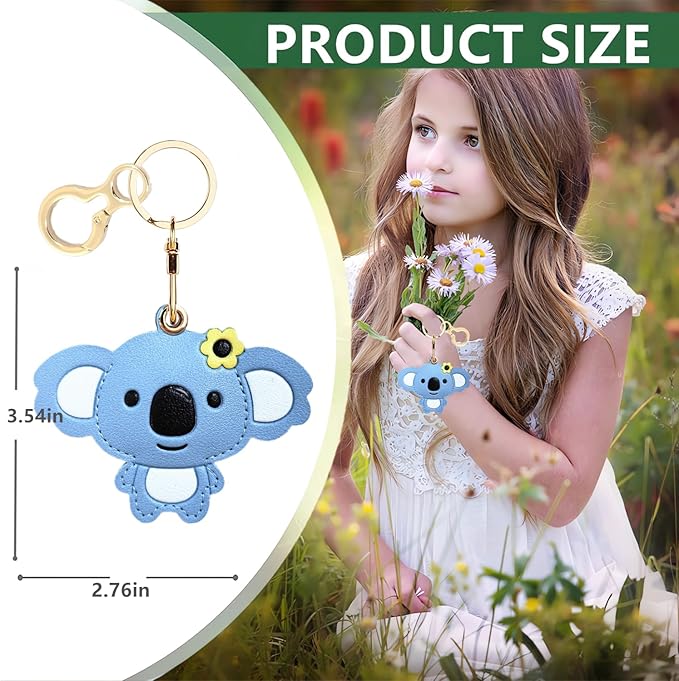 Leather Keychain Holder Case Compatible with AirTag,Cute Protective Cover with Keyring,Anti-Scratch Finder GPS Tracker Case for Wallet Keys,Bag,Pets(Koala Blue)