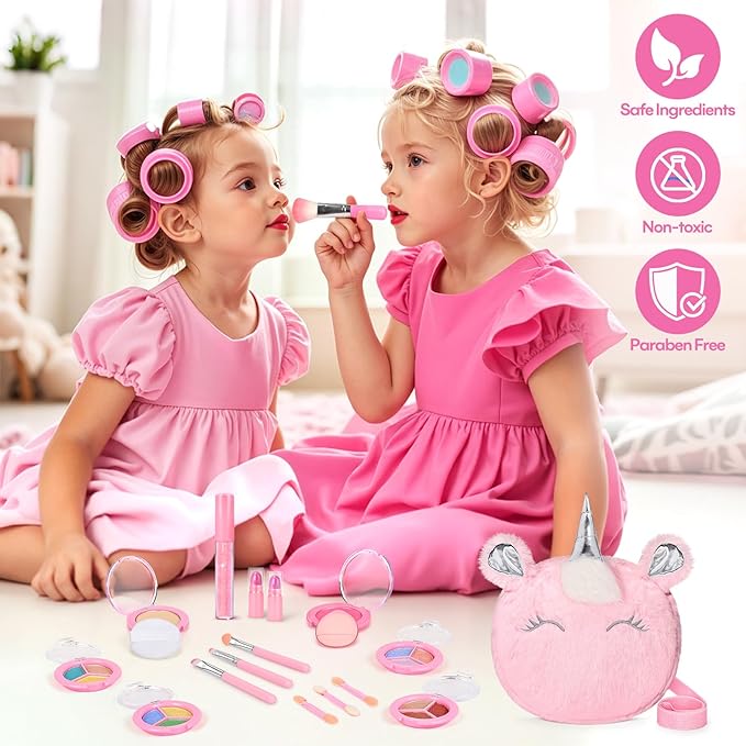 Kids Real Makeup Kit for Girls 3-10 Years Old : Washable Non Toxic Make Up Toys for Toddler Valentines Day Gifts - 17Pcs Vanity Sets with Unicorn Purse for Kid Ages 3 4 5 6 7 8 Birthday Gift - Pink