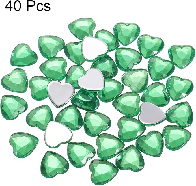 MECCANIXITY 40 Pcs Acrylic Heart Rhinestone 12mm Flat Back Plastic Gems Jewelry Stickers for Craft Bead Face Painting Costume Jewelry Making, Dark Green