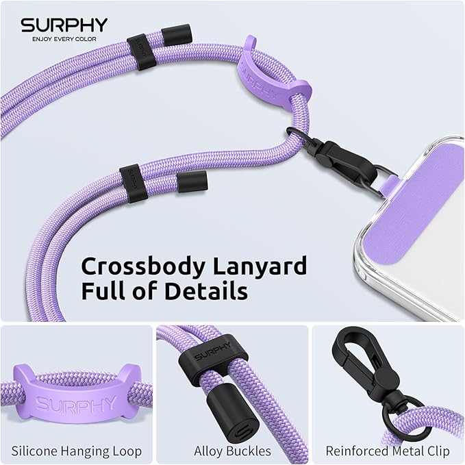SURPHY Phone Lanyard, Adjustable Phone Strap Crossbody with 2 Pack Phone Tether Tab, Premium Metal Buckles, Skin-Friendly, Universal Cell Phone Lanyard Crossbody for Women and Men, Purple