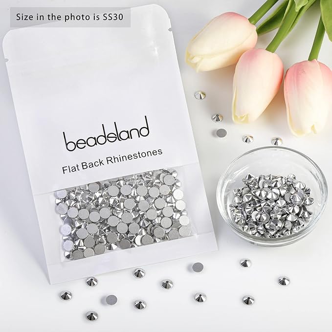 Beadsland Flat Back Crystal Rhinestones Round Gems for Nail Art and Craft Glue Fix, Silver Hematite, 6.3-6.5mm, SS30/288pcs