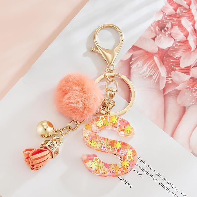 Resin Alphabet Initial Letter Keychain Keyring for Women Purse Handbags With Fur Ball Pom