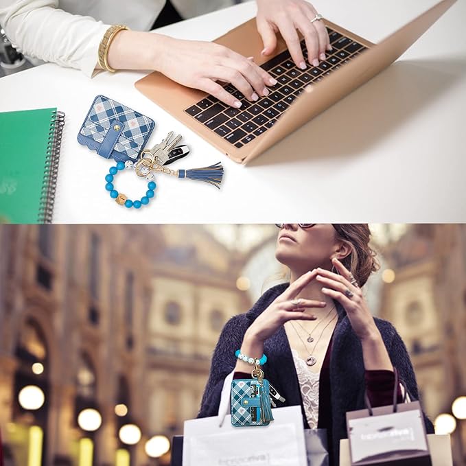 Keychain Wallet Wristlet Small Credit Card Holder Bracelet Key Chain Purse Bangle Tassel Beads Key Rings for Women