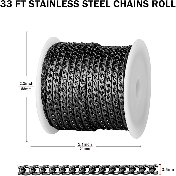 [33FT] Gunmetal Stainless Steel Curb Chains for Jewelry Making, 3.5mm Wide 304 Stainless Steel Cuban Link Chain Roll Bulk for DIY Jewelry Making Craft