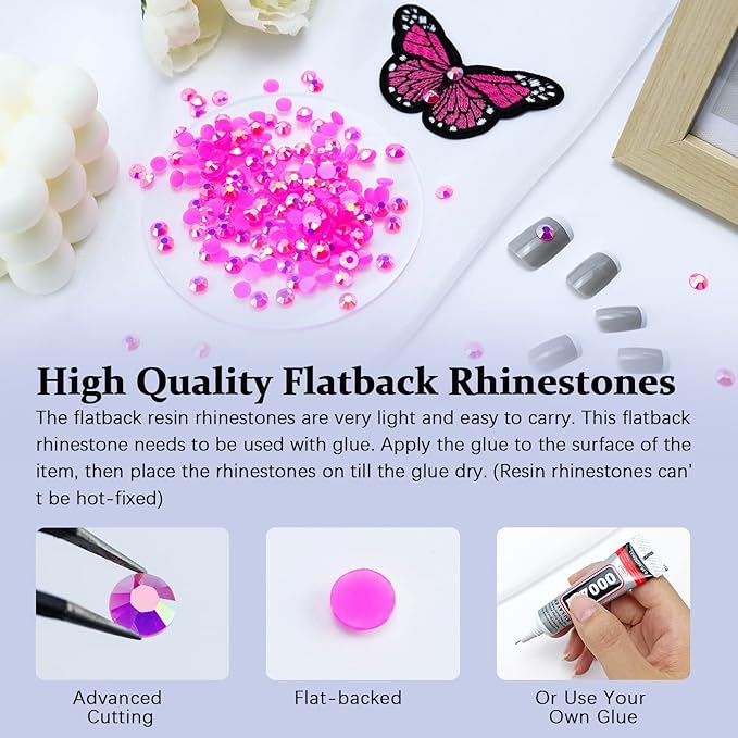 3000PCS Resin Flatback Rhinestone, 2mm 3mm 4mm 5mm 6mm Hot Pink AB Flatback Jelly Resin Rhinestones for Tumblers, Mugs, Bottles, Craft Decoration, Loose Bling Glitter Gem Stone, Rose AB
