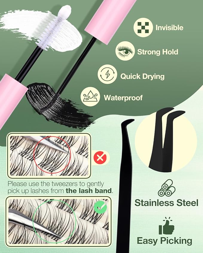 Short Lash Clusters Kit 8-12MM Natural Lash Extension kit Invisible Band Eyelash Clusters Wispy Cluster Eyelash Extensions C Curly DIY Cluster Lashes Bond and Seal Tweezers by Lvmixwig