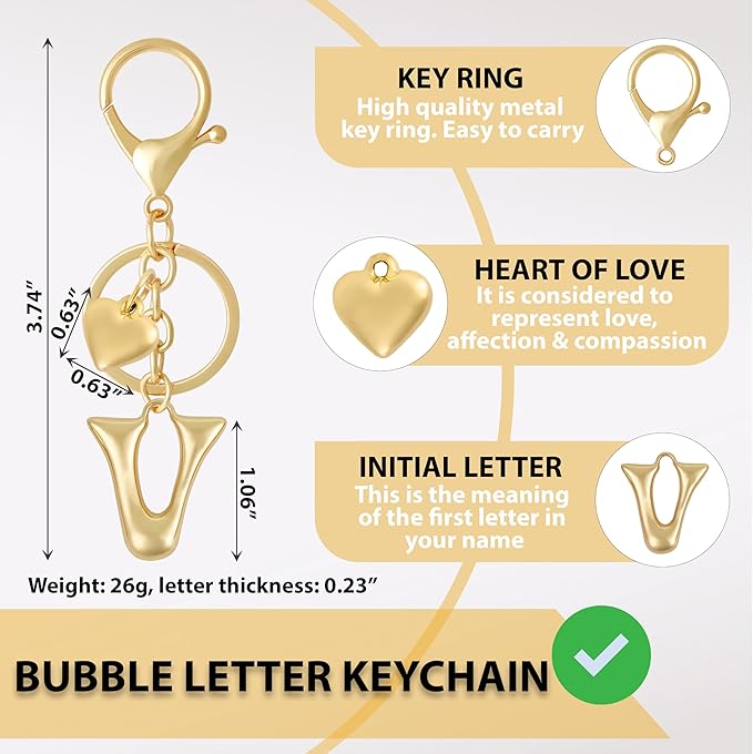 Heart Bubble Letter Keychain for Women, Girls - Cute Keychain with Initial - Alphabet Keychain for Bag Charm, Handbag