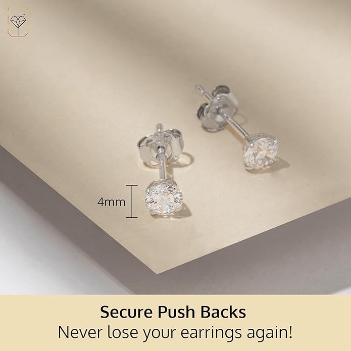 14k Gold Solitaire Round Cubic Zirconia Earrings Studs for Women & Men | Anti Tarnishing CZ Stud Earrings with 14k Gold Butterfly Pushbacks | 4MM-7.5MM by MAX + STONE