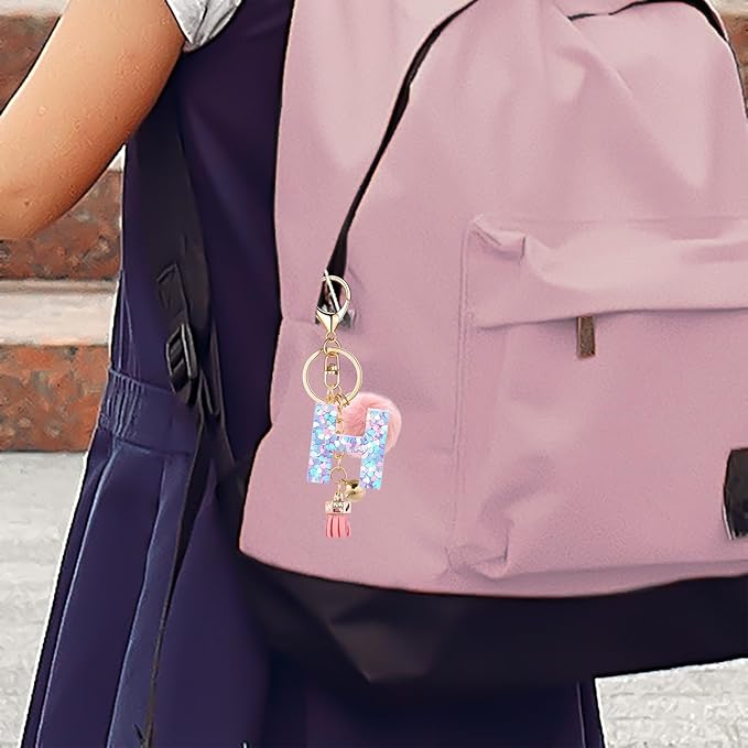 Resin Alphabet Initial Letter Keychain Keyring for Women Purse Handbags With Fur Ball Pom