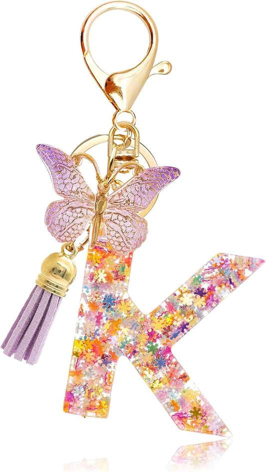 Fashion Alphabet Initial Letter Keychain Tassel Butterfly Pendant Key Ring for Purse Handbags Women Girl