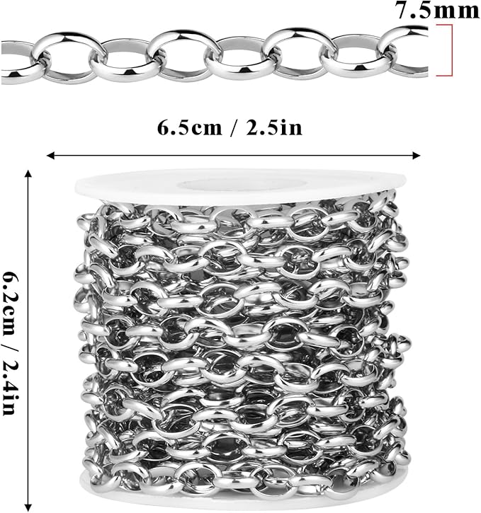 16.5FT Stainless Steel Oval Rolo Chains Roll, 7.5mm Width 304 Stainless Steel Oval Cable Link Chain Bulk Spool for Jewelry Making DIY Craft