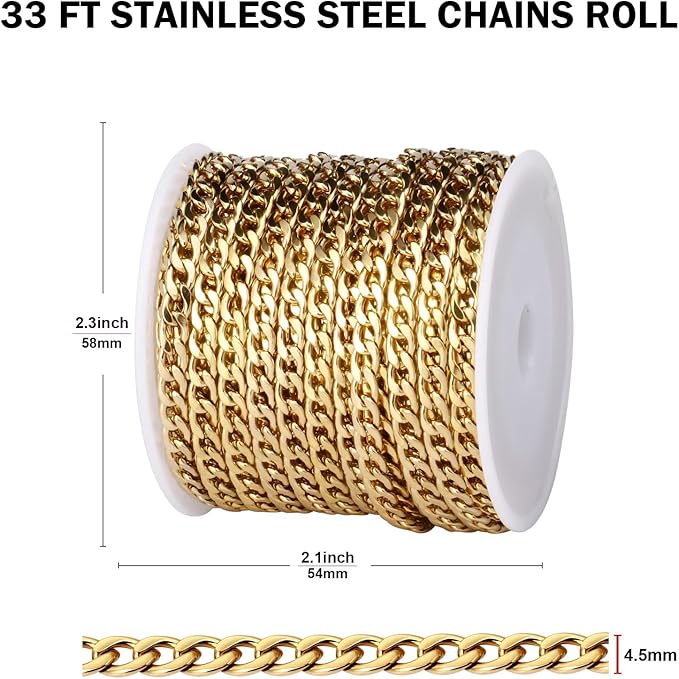 [33FT] 18K Gold PVD Plated Curb Chains for Jewelry Making, 4.5mm Wide 304 Stainless Steel Cuban Link Chain Roll Bulk for DIY Jewelry Making Craft