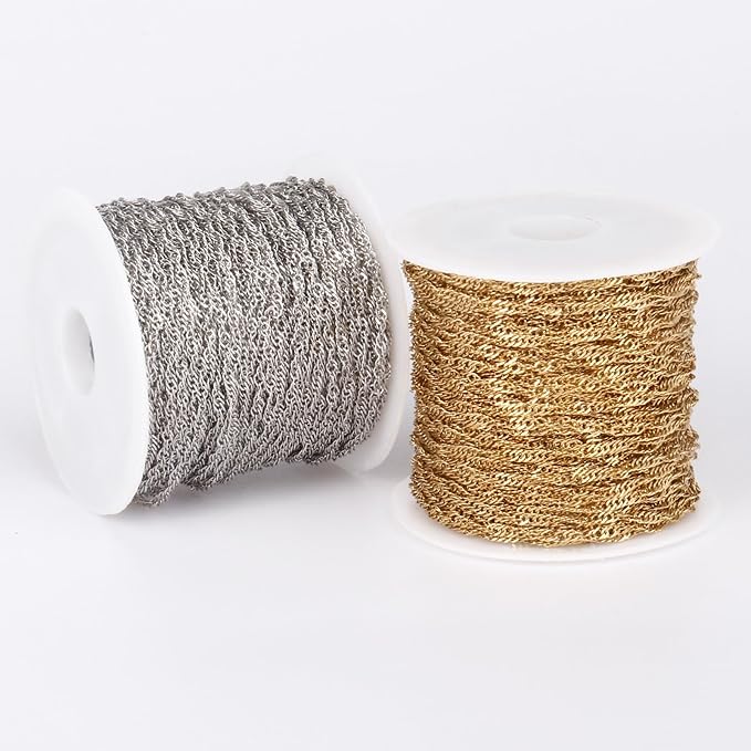 33 Feet Stainless Steel Singapore Chains Roll, 1.7mm Width 304 Stainless Steel Twisted Link Chain Bulk Spool for Jewelry Making DIY Craft