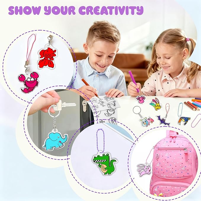 58PCS Shrink Dink Sheets Keychain Kit, with 4PCS 7.9"x5.7" Pre-Printed Animal Shrink Papers, 54PCS Keychain Accessories & Tools for Kids & Adults DlY Crafts, Great Thanksgiving & Christmas Ornaments