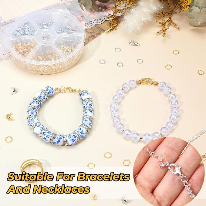 Gold Silver Jewelry Making, 460PCS Zinc Alloy Jump Rings, Lobster Claw Clasps, Bead Tips Knot Covers for Bracelets, Necklaces, Earrings, Keychains, DIY Crafting