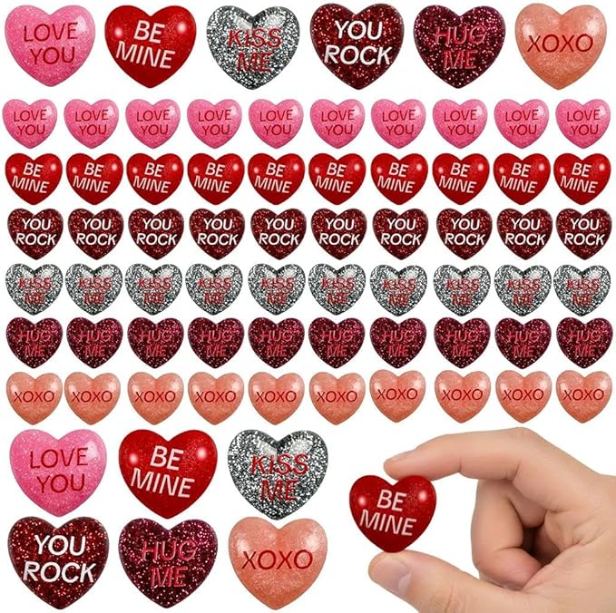 60 Pcs Glitter Conversation Heart Charms Flatback, 1-Inch Resin Hearts with Dazzling Sparkle Finish for Valentines Day DIY Crafts, Jewelry Making and Bling Embellishments