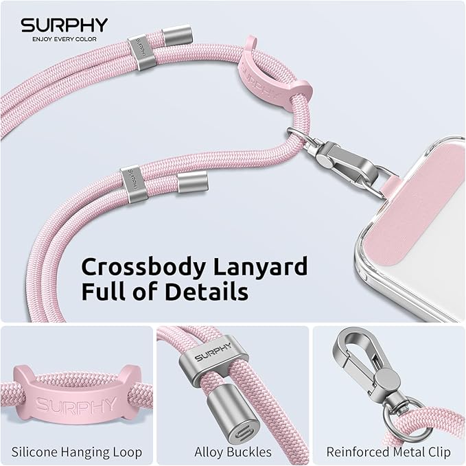 SURPHY Phone Lanyard, Adjustable Phone Strap Crossbody with 2 Pack Cell Phone Tether Tab, Premium Metal Buckles, Skin-Friendly, Universal Cell Phone Lanyard Crossbody for Women and Men, Pink