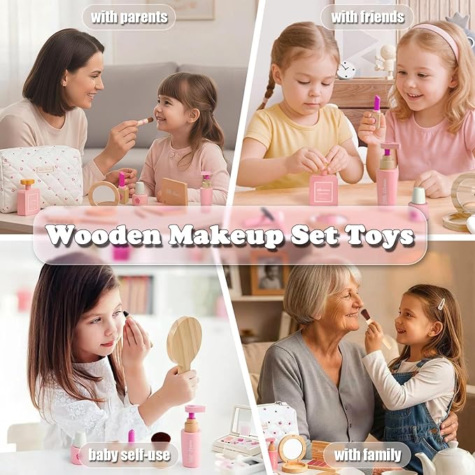 Wooden Makeup Toy Set for Girls - Pretend Play Makeup Kit for Toddlers 3-5 with Eyeshadow/ Mascara/ Perfume/ Blush/ Mirror/ Bag, Birthday Gifts for Girls Toys Kids Aged 3 4 5 6 7 8